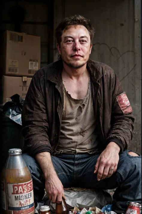 elon musk, homeless, hangover alcoholic, old, (dirty long beard:1.1), (dirty:1.1) hair, (bruise:1.1) face, (dirty:1.1) (torn peeled dirty:1.1) jacket, torn pants, (thin, skinny:1.2), beer bottles and (garbage:1.1) on background BREAK (kodak portra 400:0.6)
