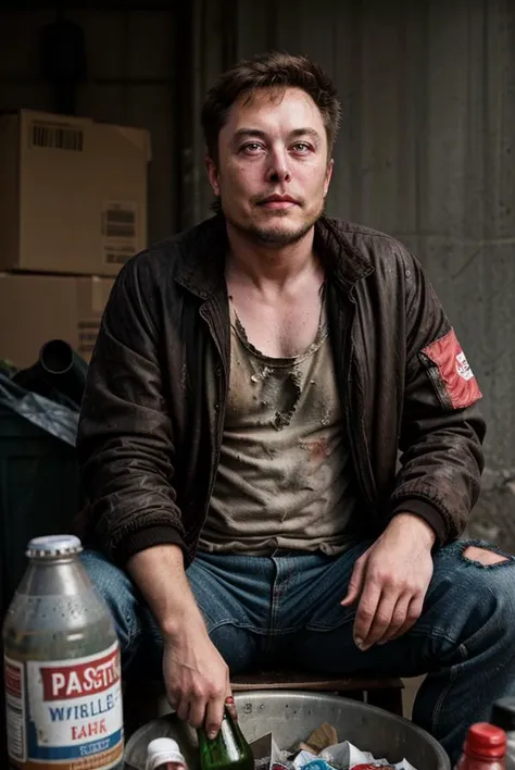 elon musk, homeless, hangover alcoholic, old,  (dirty long beard:1.1), (dirty:1.1) hair, (bruise:1.1) face, (dirty:1.1) (torn peeled dirty:1.1) jacket, torn pants, (thin, skinny:1.2),  beer bottles and (garbage:1.1) on background BREAK (kodak portra 400:0.6) <lora:epiCRealismHelper:1>  <lora:AdvancedEnhancer:1>  <lora:more_details:0.5>