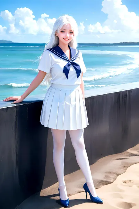 masterpiece,best quality,1girl,standing,high heels,cloudy,on  the  beach,(sad:1.25),white pantyhose,(light smile:1.3),long hair,hair over eyes,sun,plump,tan,sailor  suit,white hair,pleated skirt,big eyes,