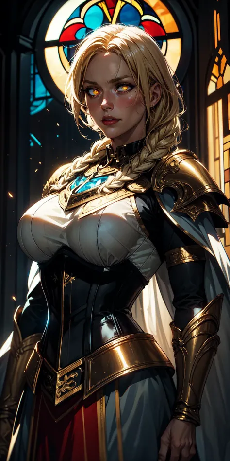 upper body of paladin lady in ornate golden armor, black collar, pauldrons, breastplate, corset, glowing halo, single braid, blonde, yellow glowing eyes, bright pupils, eye focus, red cape, temple indoors, stained glass windows, night, moonlight, particles, light beam, chromatic aberration