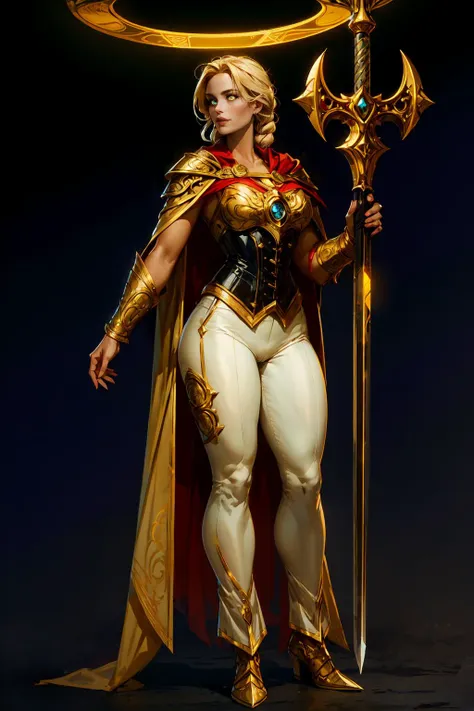 paladin lady holding glowing sword, blonde hair, braid, ornate golden armor, white pants, ornate pauldrons, black corset, glowing yellow eyes, red cape, glowin halo, full body <lora:sxz-concept:0.5>