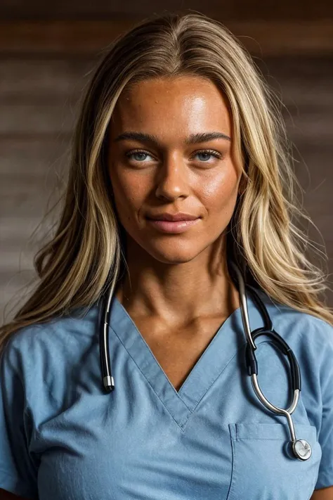 1girl, solo, portrait of a nurse wearing blue scrub, (stethoscope), smile, at hospital, soft lighting, looking at viewer, blurry background, bokeh, chromatic aberration, depth of field, masterpiece, best quality, ultra-detailed, ultra high res, (photorealistic:1.4), raw photo, (realistic:0.2), 8k HDR, f1.4, 40mm, photorealistic, raw, 8k, textured skin, skin pores, intricate details
<lora:skin_texture_v2:0.5> <lora:epiCRealismHelper:0.8> <lora:PAseer-SD15-LCM Quick:1> <lora:vd02_swe_lora_v01:1> vd02, blonde hair