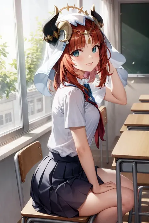 <lora:epiNoiseoffset_v2:1><lora:nilou_loha:1>nilou,happy smile,school uniform, pleated skirt, classroom, sitting, chair, table, window, from side, looking at viewer,
