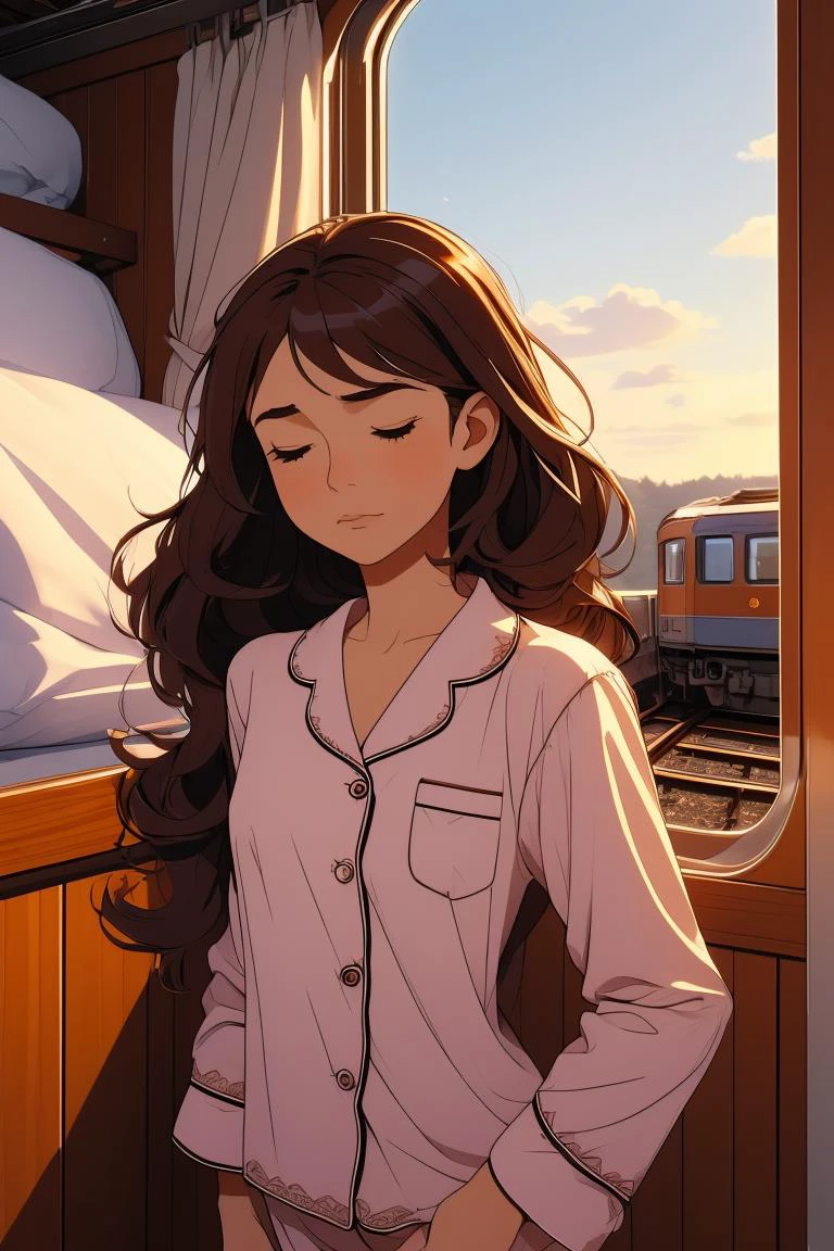 (masterpiece, best quality), 1girl, small breasts,Chocolate Brown Side Swept Curls, <lora:girlliketrainroomette:1> train roomette, bunk bed, pajamas, big window, wooden wall, sleeping, white lace pajamas, <lora:ScaredToSleepAlone:1> scared to sleep alone