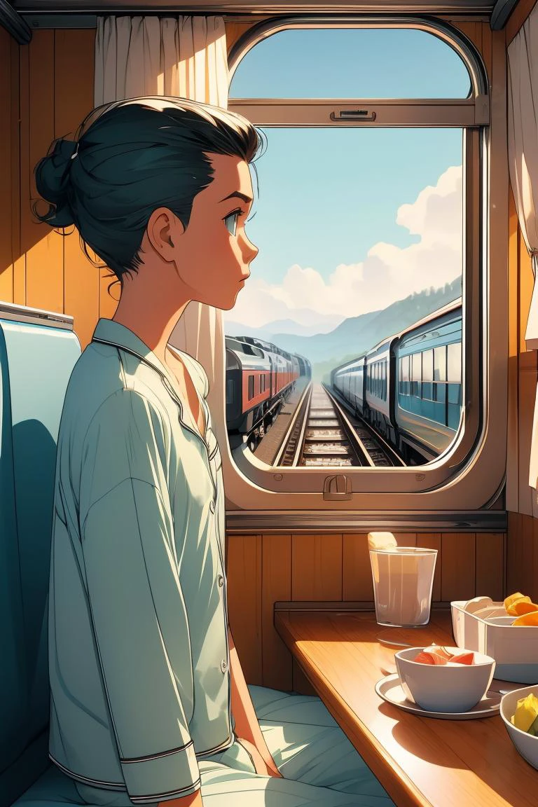 (masterpiece, best quality), 1girl, Seafoam Slicked-Back Undercut with Fade, flat chest, <lora:girlliketrainroomette:1> train roomette, bunk bed, pajamas, looking out the big window, breakfast on table, wooden wall