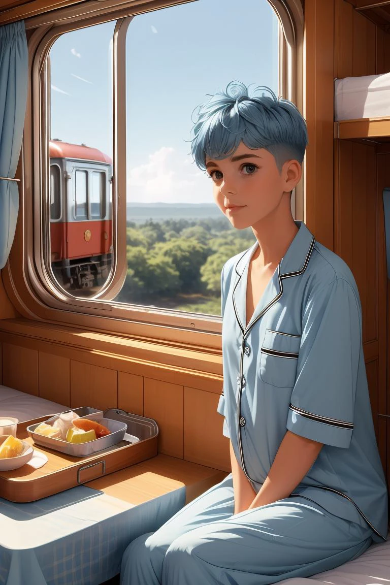 (masterpiece, best quality), 1girl, blue Caesar Cut with Fade, flat chest, <lora:girlliketrainroomette:1> train roomette, bunk bed, pajamas, looking out the big window, breakfast on table, wooden wall