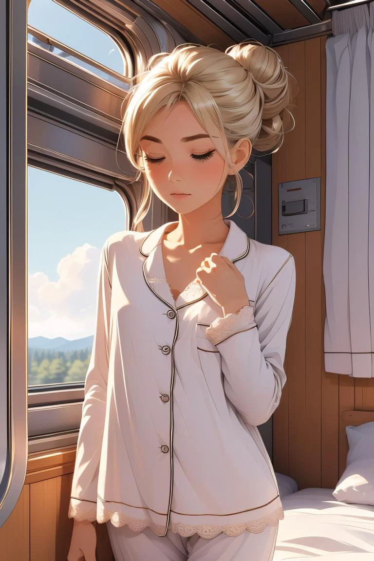 (masterpiece, best quality), 1girl, flat chest,Ash Blonde Tousled Updo, <lora:girlliketrainroomette:1> train roomette, bunk bed, pajamas, big window, wooden wall, sleeping, white lace pajamas, <lora:ScaredToSleepAlone:1> scared to sleep alone