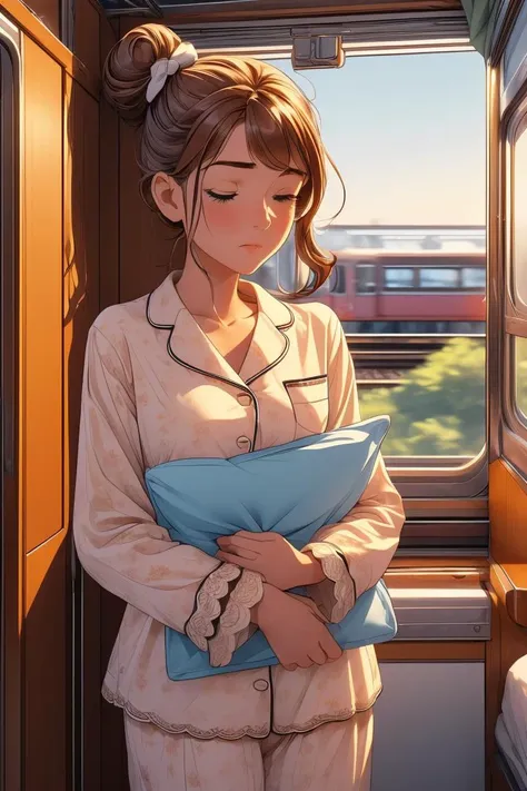 (masterpiece, best quality), 1girl, Sizes M to Z breasts,Caramel Half-Up Top Knot with Bow Clip, <lora:girlliketrainroomette:1> train roomette, bunk bed, big window, wooden wall, sleeping, white lace pajamas,   <lora:add_detail:0.8>, <lora:ScaredToSleepAlone:1> scared to sleep alone