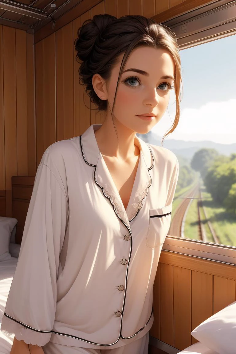 (masterpiece, best quality), 1girl, Size E breasts,Lemon Braided Chignon, <lora:girlliketrainroomette:1> train roomette, bunk bed, pajamas, big window, wooden wall, sleeping, white lace pajamas, <lora:ScaredToSleepAlone:1> scared to sleep alone