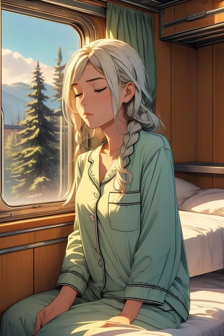 (masterpiece, best quality), 1girl, big breasts,Pale green Messy Side Braid, <lora:girlliketrainroomette:1> train roomette, bunk bed, pajamas, big window, wooden wall, sleeping, white lace pajamas, <lora:add_detail:0.8>