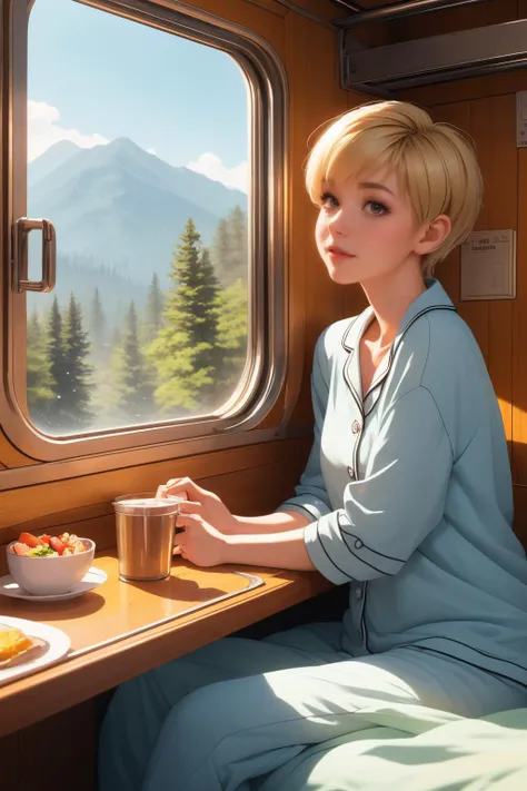 ( detailed realistic background:1),
( official art, beautiful and aesthetic:1 ),
realistic lighting,
cinematic lighting,
hyperrealism,
soothing tones,
muted colors,
high contrast,
soft light,
sharp,
artistic photoshoot,
( cute, petite ),
slender,
european,
pale cheeks,
square face shape with angular jaw,
natural "no-makeup" makeup,
small breasts,
,
blonde hair ,
pixie cut hair  ,
 <lora:girlliketrainroomette:0.8> train roomette, bunk bed, pajamas, looking out the big window, breakfast on table, wooden wall