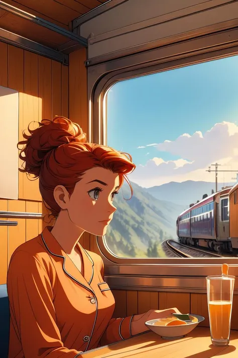 (masterpiece, best quality), 1girl, Carnelian Textured Quiff with Tapered Sides, big breasts,   <lora:girlliketrainroomette:1> train roomette, bunk bed, pajamas, looking out the big window, breakfast on table, wooden wall