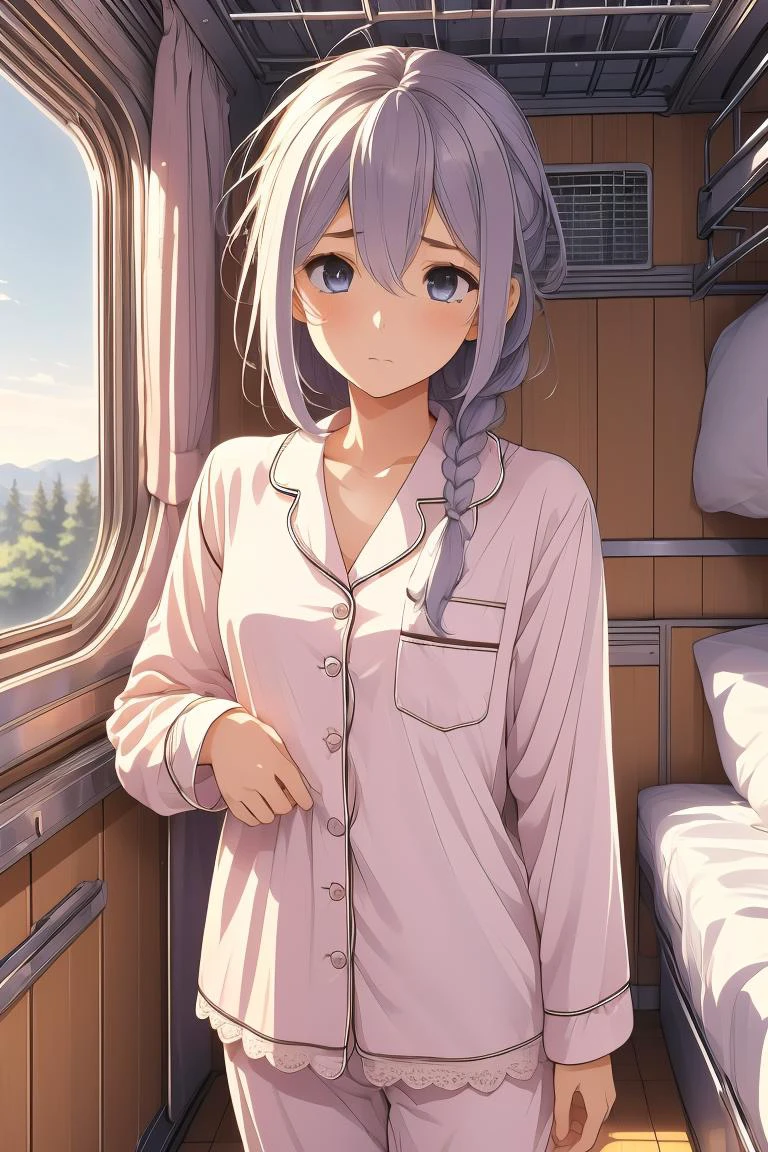 (masterpiece, best quality), 1girl, Size E breasts,Bittersweet Messy Side Braid, <lora:girlliketrainroomette:1> train roomette, bunk bed, pajamas, big window, wooden wall, sleeping, white lace pajamas, <lora:ScaredToSleepAlone:1> scared to sleep alone