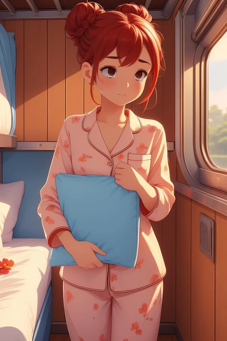 (masterpiece, best quality), 1girl, Size E breasts,Red Braided Low Bun with Delicate Flowers, <lora:girlliketrainroomette:1> train roomette, bunk bed, big window, wooden wall, sleeping, pajamas, <lora:ScaredToSleepAlone:1> scared to sleep alone