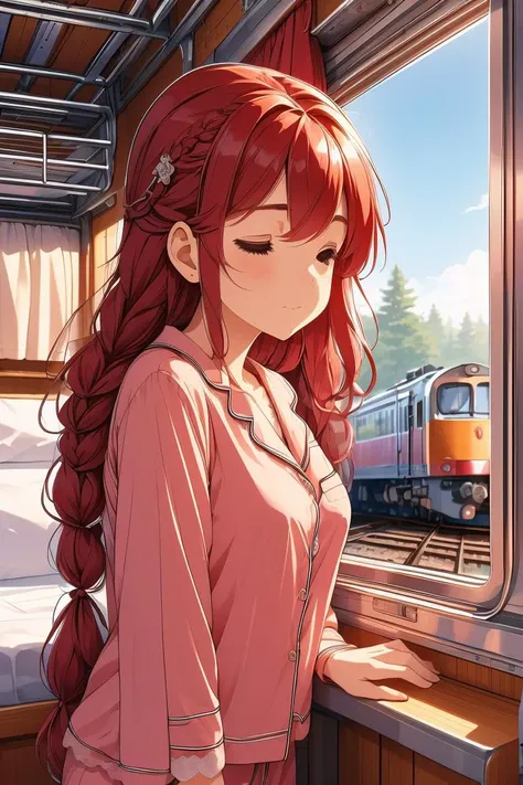 (masterpiece, best quality), 1girl, Sizes I to L breasts,Red Velvet Crown Braids with Loose Waves, <lora:girlliketrainroomette:1> train roomette, bunk bed, pajamas, big window, wooden wall, sleeping, white lace pajamas,