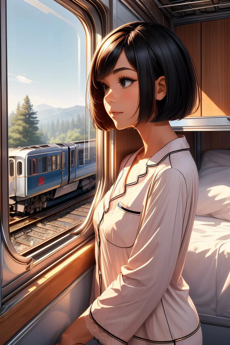 (masterpiece, best quality), 1girl, Size DD breasts,Zaffre Bob Cut, <lora:girlliketrainroomette:1> train roomette, bunk bed, pajamas, big window, wooden wall, sleeping, white lace pajamas, <lora:add_detail:0.8>