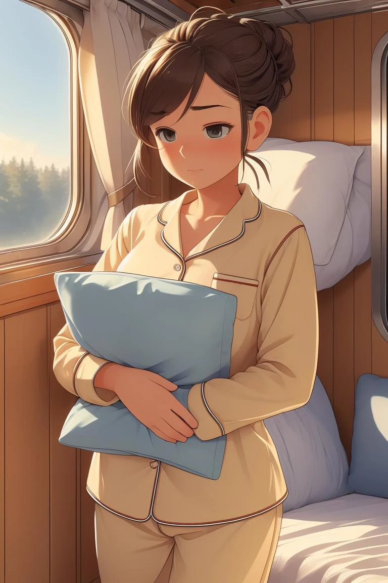 (masterpiece, best quality), 1girl, big breasts,Khaki Braided Chignon, <lora:girlliketrainroomette:1> train roomette, bunk bed, big window, wooden wall, sleeping, pajamas, <lora:ScaredToSleepAlone:1> scared to sleep alone