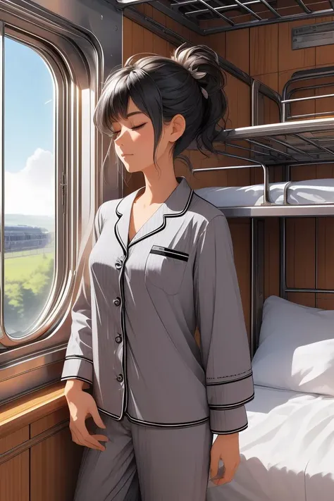 (masterpiece, best quality), 1girl, Size B breasts,Gunmetal Mohawk, <lora:girlliketrainroomette:1> train roomette, bunk bed, pajamas, big window, wooden wall, sleeping, white lace pajamas,