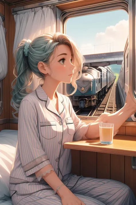 (masterpiece, best quality), 1girl, Size F breasts,Seafoam Classic Side Part with Tapered Sides, <lora:girlliketrainroomette:1> train roomette, bunk bed, pajamas, big window, wooden wall, sleeping, white lace pajamas,  <lora:add_detail:0.8>