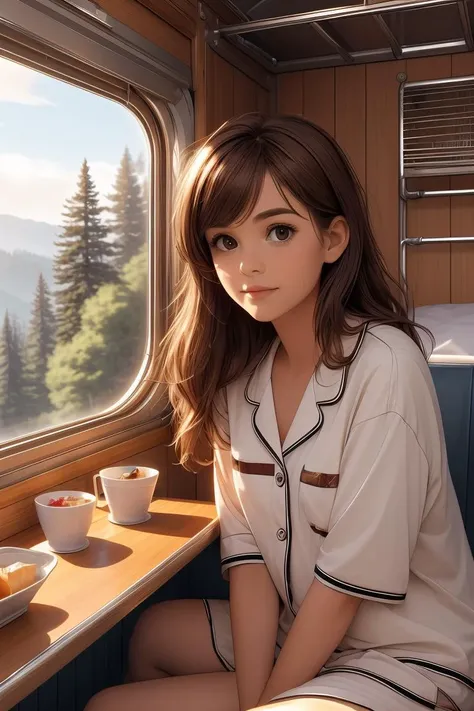 (masterpiece, best quality), 1girl, Ash Brown Side Swept Faux Bangs, small breasts,   <lora:girlliketrainroomette:1> train roomette, bunk bed, pajamas, looking out the big window, breakfast on table, wooden wall