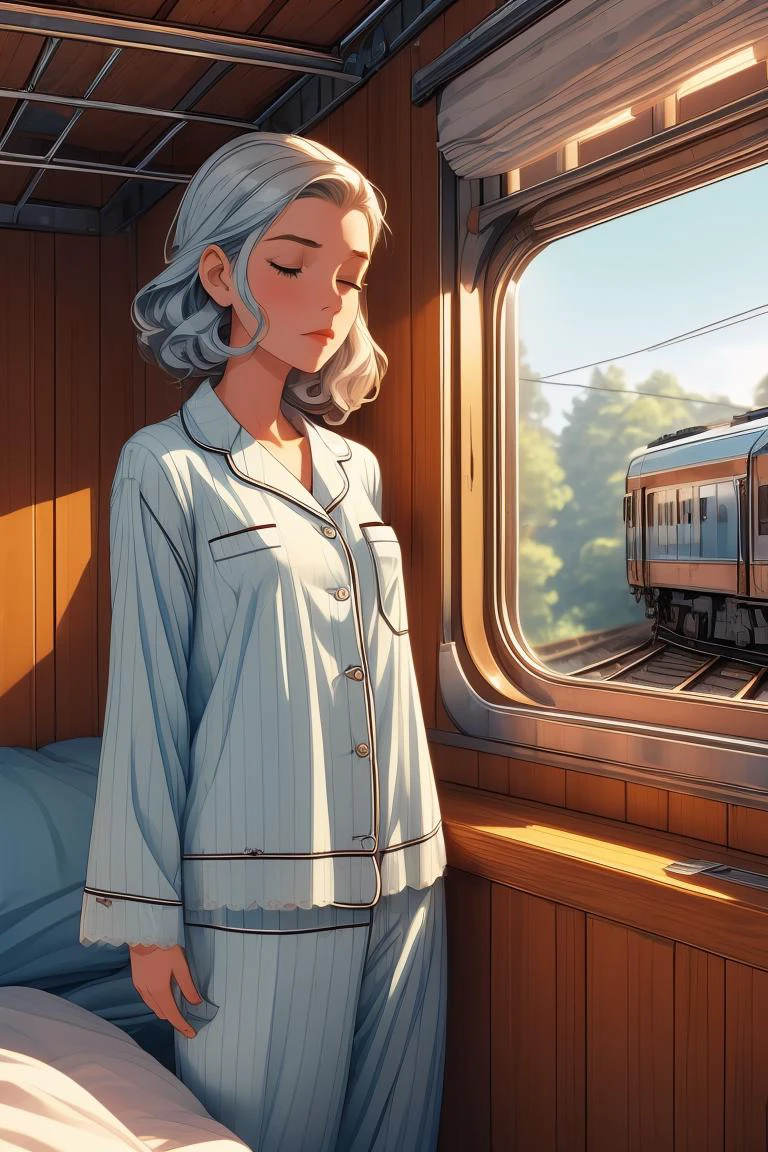 (masterpiece, best quality), 1girl, small breasts,Pale blue Retro Finger Waves, <lora:girlliketrainroomette:1> train roomette, bunk bed, pajamas, big window, wooden wall, sleeping, white lace pajamas, <lora:add_detail:0.8>