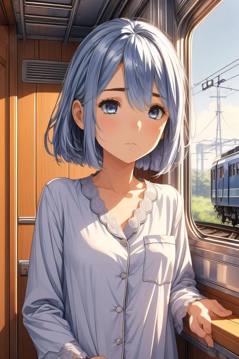 (masterpiece, best quality), 1girl, Size F breasts,Cornflower blue Tousled Bob, <lora:girlliketrainroomette:1> train roomette, bunk bed, big window, wooden wall, sleeping, white lace pajamas, <lora:add_detail:0.8>, <lora:ScaredToSleepAlone:1> scared to sleep alone