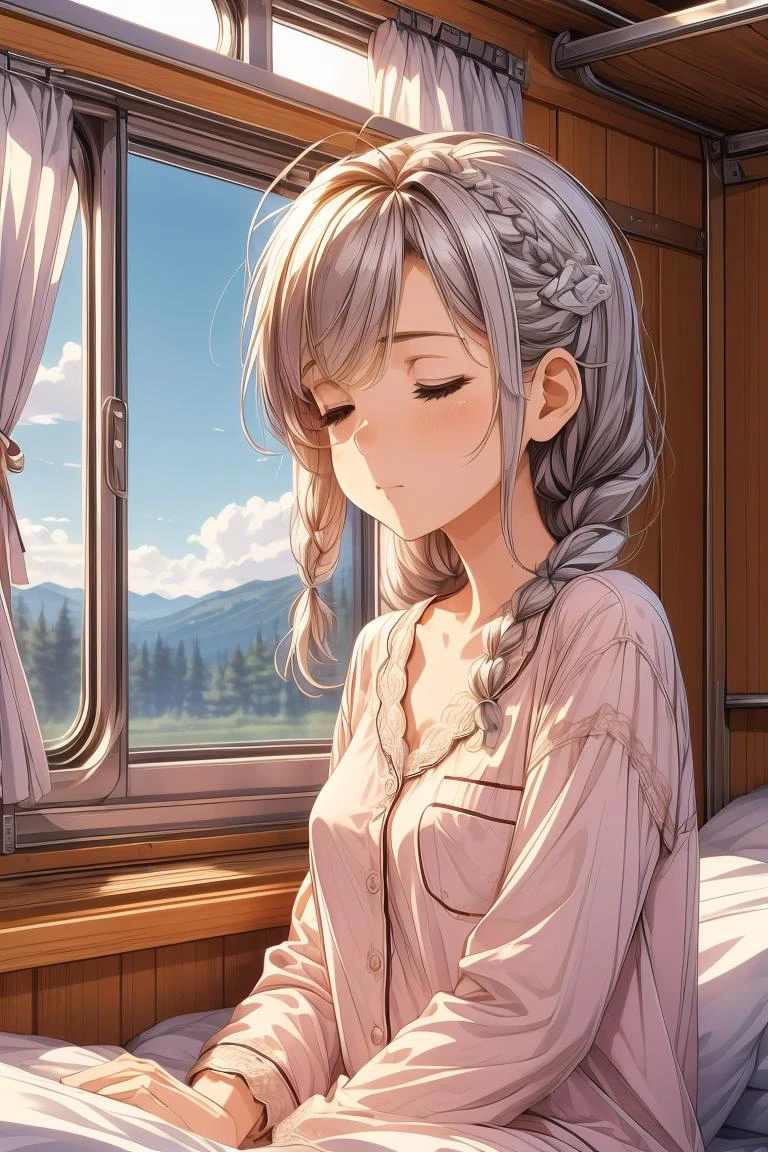 (masterpiece, best quality), 1girl, Size D breasts,Amber Halo Braid with Gem Hairpins, <lora:girlliketrainroomette:1> train roomette, bunk bed, pajamas, big window, wooden wall, sleeping, white lace pajamas, <lora:add_detail:0.8>