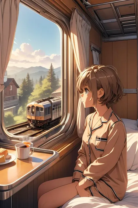 (masterpiece, best quality), 1girl, Light Brown High Fade with Spiky Hair, Sizes I to L breasts,   <lora:girlliketrainroomette:1> train roomette, bunk bed, pajamas, looking out the big window, breakfast on table, wooden wall