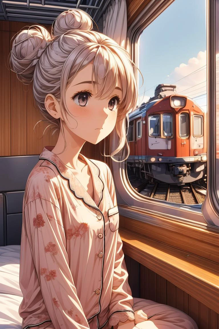 (masterpiece, best quality), 1girl, small breasts,Carnelian Messy Bun with Face-Framing Strands, <lora:girlliketrainroomette:1> train roomette, bunk bed, pajamas, big window, wooden wall, sleeping, white lace pajamas, <lora:add_detail:0.8>