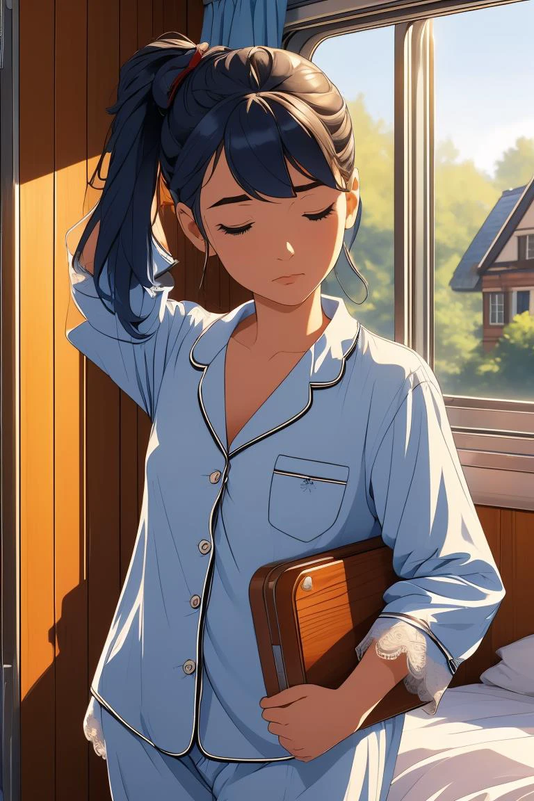 (masterpiece, best quality), 1girl, Sizes M to Z breasts,French blue Tied Back Ponytail, <lora:girlliketrainroomette:1> train roomette, bunk bed, pajamas, big window, wooden wall, sleeping, white lace pajamas, <lora:ScaredToSleepAlone:1> scared to sleep alone