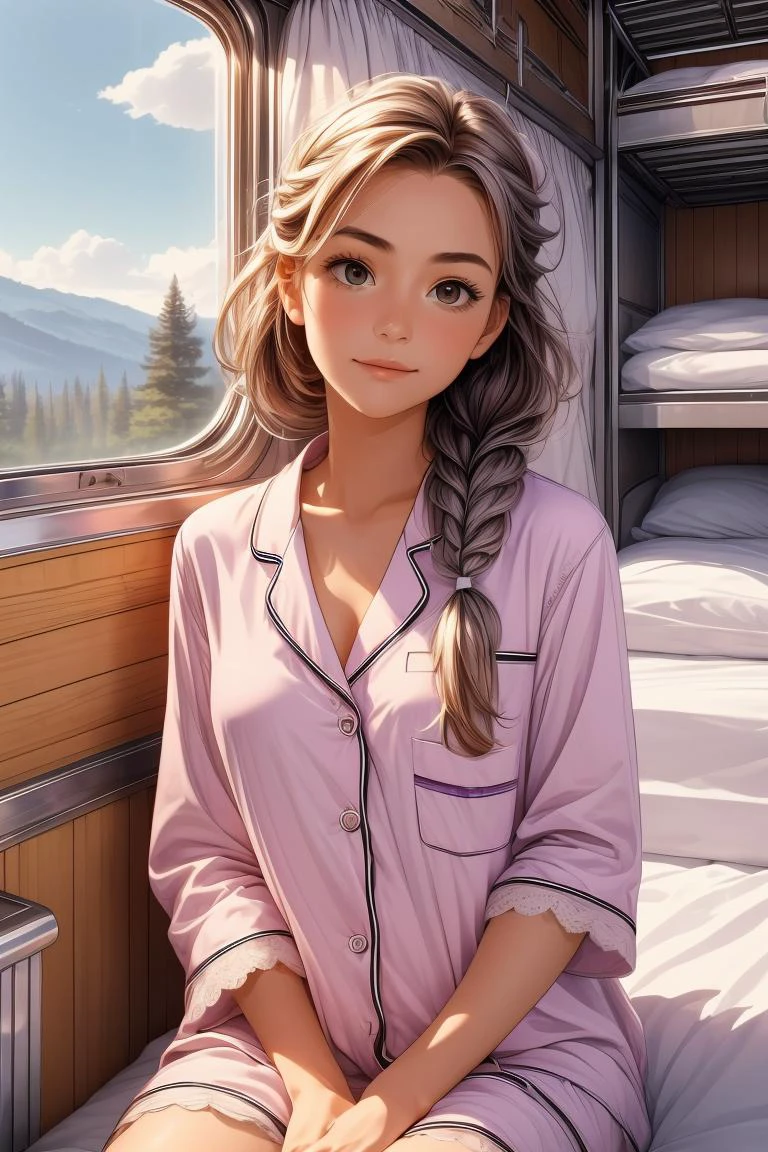 (masterpiece, best quality), 1girl, Size C breasts,Amethyst Dutch Side Braid with Messy Finish, <lora:girlliketrainroomette:1> train roomette, bunk bed, pajamas, big window, wooden wall, sleeping, white lace pajamas, <lora:add_detail:0.8>