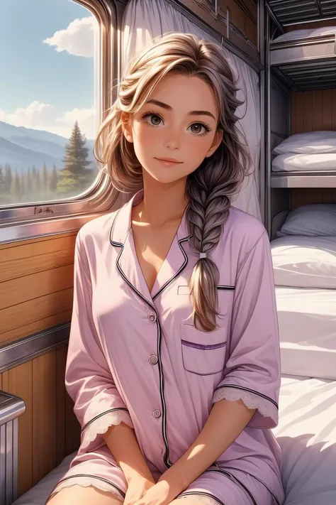 (masterpiece, best quality), 1girl, Size C breasts,Amethyst Dutch Side Braid with Messy Finish, <lora:girlliketrainroomette:1> train roomette, bunk bed, pajamas, big window, wooden wall, sleeping, white lace pajamas,  <lora:add_detail:0.8>