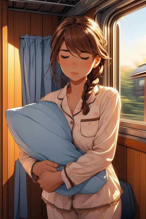 (masterpiece, best quality), 1girl, big breasts,Light Brown Messy Side Braid with Baby's Breath, <lora:girlliketrainroomette:1> train roomette, bunk bed, big window, wooden wall, sleeping, white lace pajamas,   <lora:add_detail:0.8>, <lora:ScaredToSleepAlone:1> scared to sleep alone