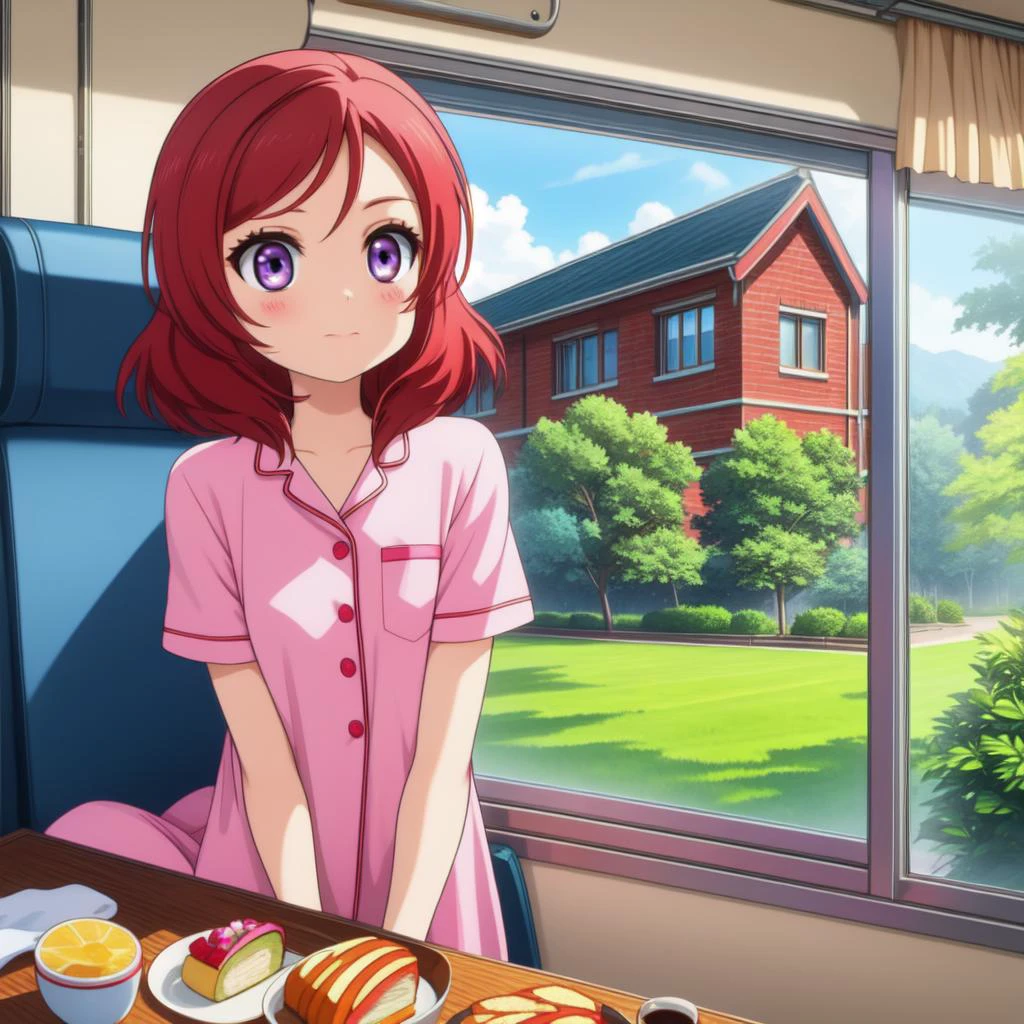 (masterpiece, best quality, detailed:1.5), (maki nishikino:1.3) <lora:maki-lovelive:1>, <lora:girlliketrainroomette:0.8> train roomette, bunk bed, pajamas, looking out the big window, breakfast on table, wooden wall, BREAK scarlet theme background, unusual event in background