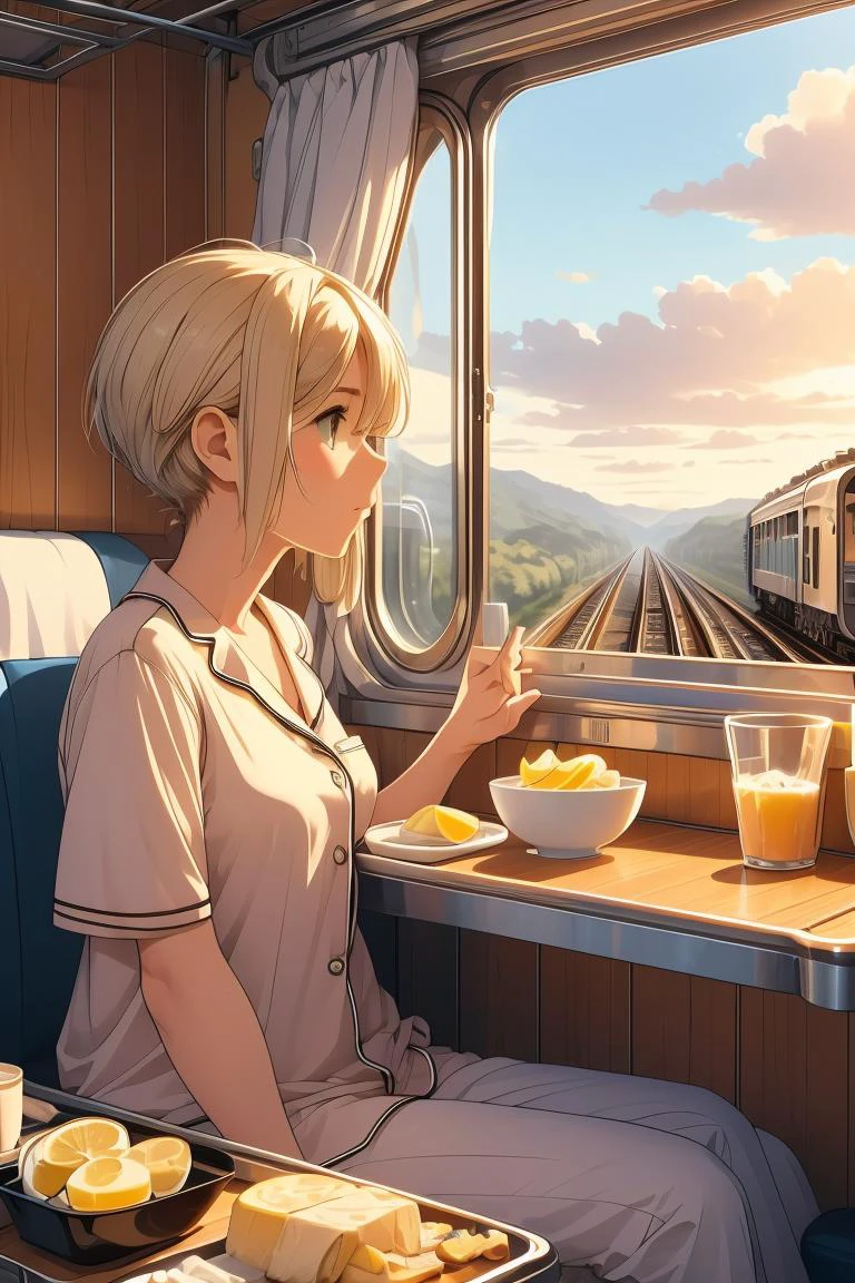 (masterpiece, best quality), 1girl, Lemon Caesar Cut with High Fade, Size F breasts, <lora:girlliketrainroomette:1> train roomette, bunk bed, pajamas, looking out the big window, breakfast on table, wooden wall