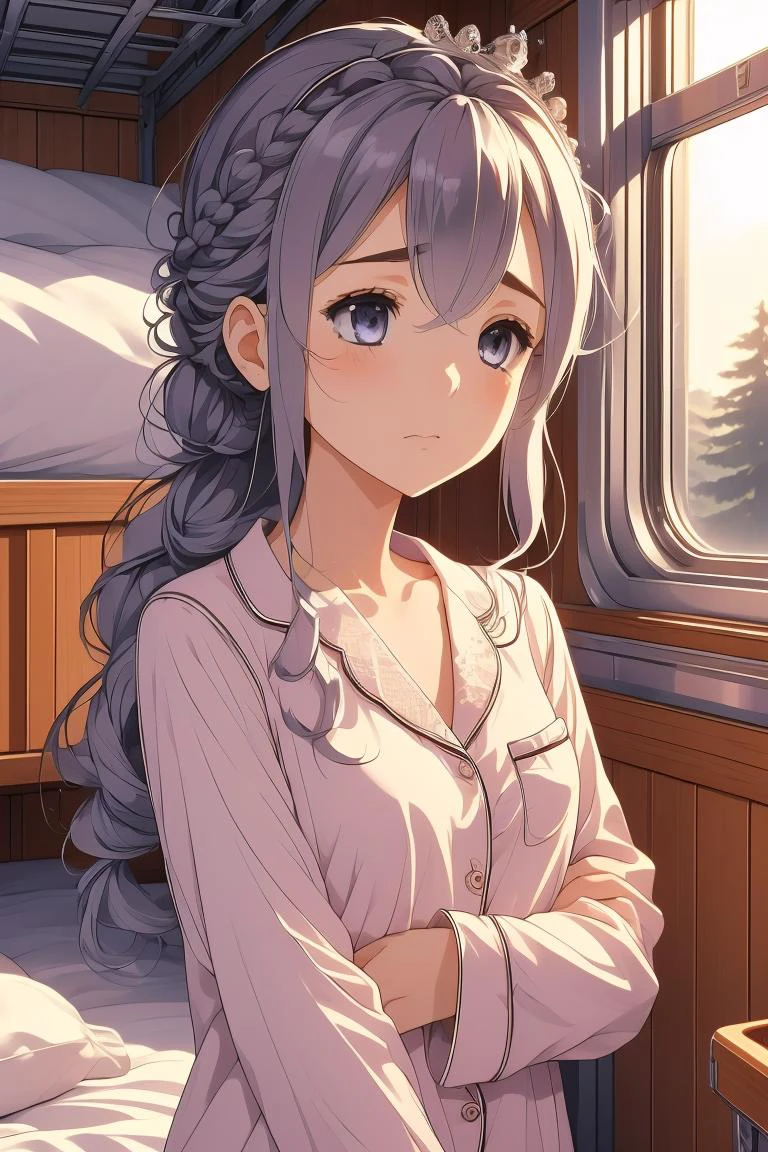 (masterpiece, best quality), 1girl, Size C breasts,Zaffre Fishtail Crown Braid with Gem Pins, <lora:girlliketrainroomette:1> train roomette, bunk bed, pajamas, big window, wooden wall, sleeping, white lace pajamas, <lora:ScaredToSleepAlone:1> scared to sleep alone