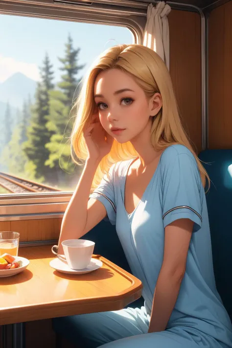 ( detailed realistic background:1),
( official art, beautiful and aesthetic:1 ),
realistic lighting,
cinematic lighting,
hyperrealism,
soothing tones,
muted colors,
high contrast,
soft light,
sharp,
artistic photoshoot,
( cute, petite ),
slender,
european,
pale cheeks,
square face shape with angular jaw,
natural "no-makeup" makeup,
small breasts,
,
blonde hair ,
fine straight hair  ,
 <lora:girlliketrainroomette:0.8> train roomette, bunk bed, pajamas, looking out the big window, breakfast on table, wooden wall