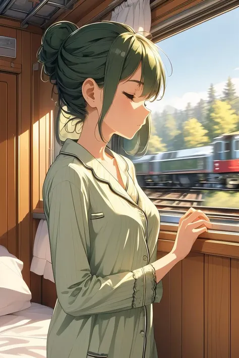 (masterpiece, best quality), 1girl, Size H breasts,Spring green Low Chignon with Braided Wrap, <lora:girlliketrainroomette:1> train roomette, bunk bed, pajamas, big window, wooden wall, sleeping, white lace pajamas,