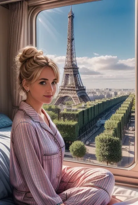 Ideal cutie, extremely photogenic blonde girl, (chignon), blush, textured skin, (photorealistic:1.2), (vibrant colors, 8k, high quality, shot on Fujifilm X-T4, 85mm f1.2), <lora:epiCRealismHelper:0.99>, <lora:add_detail:0.8>, <lora:Sagging Breasts v1:1.5> sagging breasts, <lora:breastsizeslideroffset:0.4>, <lora:girlliketrainroomette:0.9> train roomette, sitting on bunk bed, bunk bed, (pajamas:1.3), (pajamas pants:1.3), looking out the big window, view of (Paris, Eiffel tower:1.4) outside of window