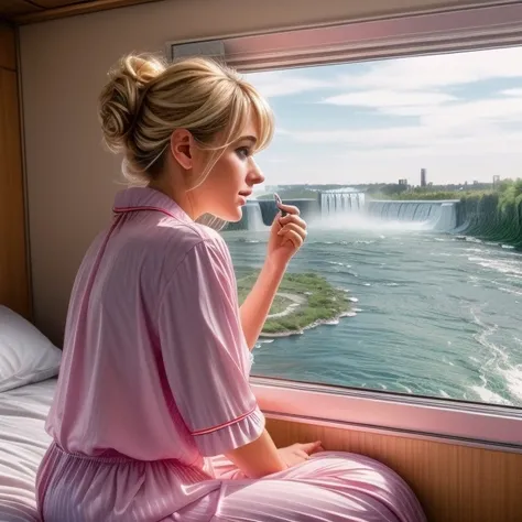 (masterpiece, best quality), 1girl, small breasts,Crimson Short Crop with High Fade, <lora:girlliketrainroomette:1> train roomette, bunk bed, pajamas, big window, wooden wall, sleeping, white lace pajamas,  <lora:add_detail:0.8>