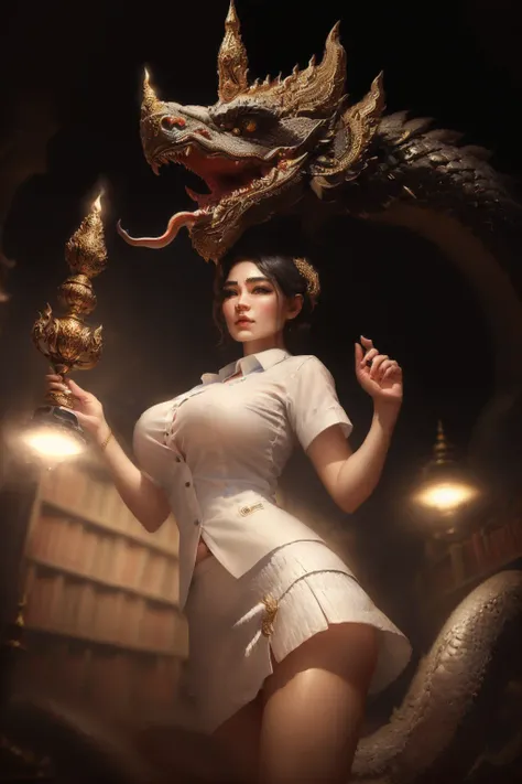 award-winning portrait of an anthropomorphic humanoid NagaSerpentGod in (white shirt:1.3), (short black skirt:1.2), crest, medium breast, (photorealistic:1.1), (cinematic lighting:1.1), hyper-realistic texture, trending on ArtStation, (in library:1.3) ,<lora:NagaSerpentGod_v1:0.75>, <lora:thaiUniversity_v10:0.85>