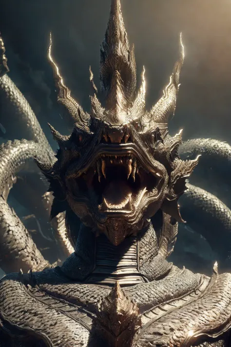 close-up shot, award winning photo of majestic (knight:1.2) in shiny armor, NagaSerpentGod, gigantic body, piercing eyes, (scaly:1.3) texture, (intricate:1.1) armor details, (regal:1.2) pose, fantasy art, elden ring, hyper-realistic, (epic:1.2) lighting, trending on ArtStation,  <lora:NagaSerpentGod_v1:0.75>