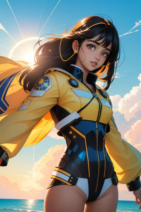 tv_Maria_Patel_MXAI, (art by Johan Messely:1.2) and (David Bates:1.3) and (Shintaro Kago:1.0) , landscape art, professional 3d blender render, Plain white background, zoomed out of a Fascinating Mecha ("I don't want to miss a thing.":1.3) , complex Gray background, summer flora and Taurus constellation in background, Sun in the sky, in focus, Dynamic, Hopeful, Neo-Dadaism Art, Lens Flare, F/8, Velvia, (electric color and DayGlo yellow:0.7) , stylized, wallpaper, dslr