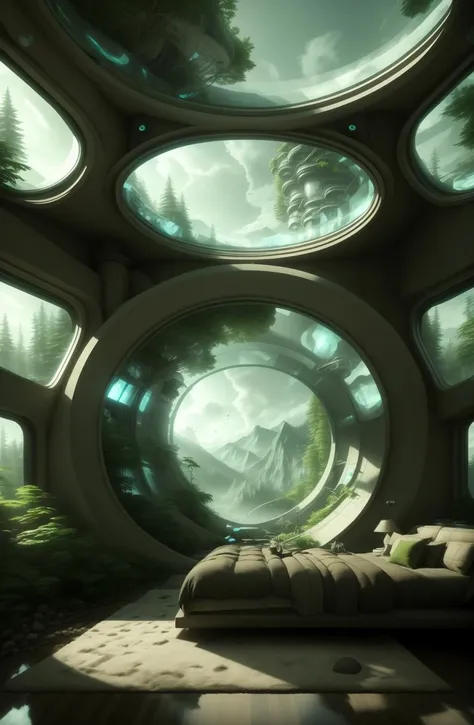 a room with a large circular window and a couch , indoors, tree, pillow, book, no humans, window, bed, plant, nature, scenery, reflection