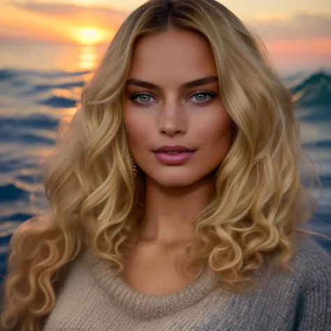 generates the image of a blonde woman, identical to Melissa Benoist, very long hair, beautiful, sitting on the beach sand. The expression is of someone who is desolate and sad.