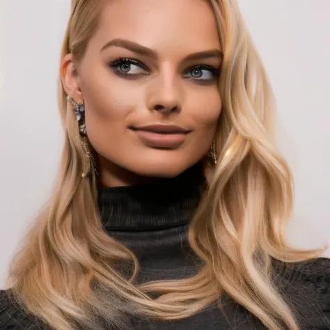 Upper half body wearing a sweater ((stunning)) <lora:marobbie1-10:1.4> ((looking to the right)) wearing a black choker with (blonde:1.0) ((highly detailed eyes)), ethereal, seductive, ((perfect eyes)), (nude glossy lips), model, ((angelic)), photorealistic, full, 4K, trending on artstation,( masterpiece)