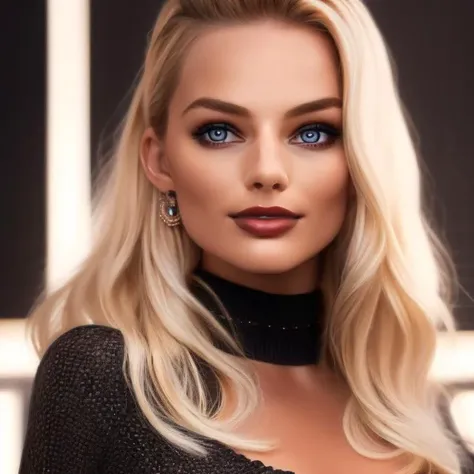 Upper half body wearing a sweater ((stunning)) <lora:marobbie1-10:1> ((looking to the right)) wearing a black choker with (blonde:1.0) ((highly detailed eyes)), ethereal, seductive, ((perfect eyes)), (nude glossy lips), model, ((angelic)), photorealistic, full, 4K, trending on artstation,( masterpiece)