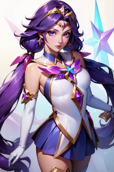 (masterpiece, best quality),  intricate details,
1girl,   <lora:starguardiannilah:0.8> starguardiannilah, (white thighhighs, elbow gloves, hair ornament, star guardian \(league of legends\), chocker, long hair, purple hair, low twintails, chest jewel, star \(symbol\), tiara),