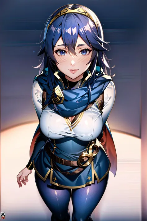 Lucina \(fire emblem\), ((high resolution, masterpiece, ultra-detailed illustration:1.2)), girl, solo, fantasy, detailed skin, blue hair, blue eyes, blue outfit, standing, tattoo in one eye, detailed eyes, detailed pupils, marked eyelashes, bold eyebrows, short hair, detailed hair, thicc:1.5, thicc hips, thin waist, muscular legs:1.5, thicc breast:1.5, blue pantyhose, zettai ryouiki, golden Diadem, thighhighs, blue skirt, milf, mature face:1.2, smile, cape, glossy lips, detailed lips, real lips, (looks like 28 years old girl), dynamic angle camera, sexy pose, view from above:1.5