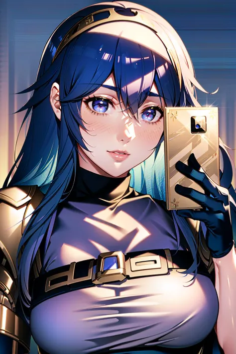 Lucina \(fire emblem\), ((high resolution, masterpiece, ultra-detailed illustration:1.2)), girl, solo, fantasy, detailed skin, blue hair, blue eyes, blue outfit, standing, tattoo in one eye, detailed eyes, detailed pupils, marked eyelashes, bold eyebrows, short hair, detailed hair, thicc:1.5, thicc hips, thin waist, muscular legs:1.5, thicc breast:1.5, blue pantyhose, zettai ryouiki, golden Diadem, thighhighs, blue skirt, milf, mature face:1.2, smile, cape, glossy lips, detailed lips, real lips, (looks like 28 years old girl), dynamic angle camera, sexy pose, view from above:1.5